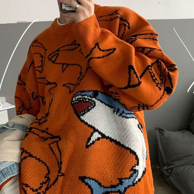 Pullover kaus Anime Harajuku pria wanita, hangat leher bulat 2023 rajutan Pullover desain estetika Y2k baju hiu