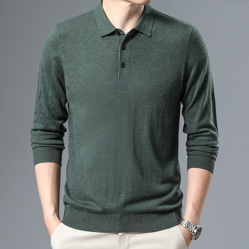 Suéter de lã de manga comprida masculino, versão coreana, lapela, encaixe justo, casual, monocromático, novo, A126, outono, inverno