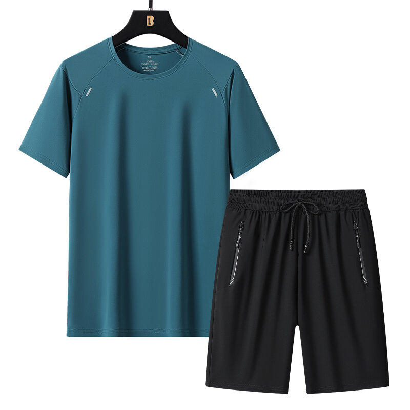 Kaos polos musim panas baru untuk pria set baju olahraga berpori t-shirt lengan pendek + celana pendek Sweatpants Jogging pakaian pria