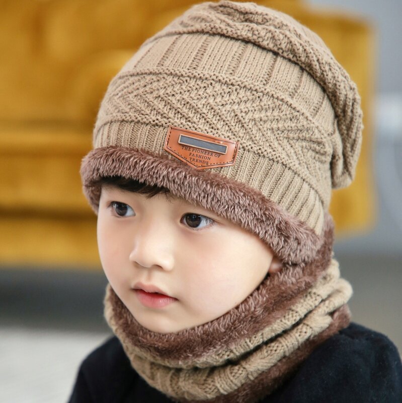Autumn Winter Children 2-8 Year Old Plush Warm Knitted Hooded Hat For Boys Girls Knitted Scarf Hat two-piece Cover Ear Wool Hat