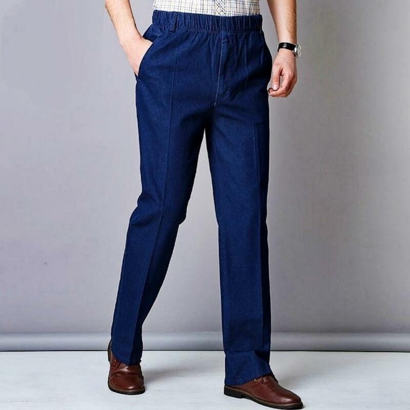Jeans masculino de meia idade e alto estiramento, ajuste fino, cintura elástica, bolsos, comprimento do tornozelo, pernas retas, jeans de pai