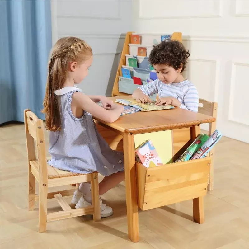 Set meja kayu Solid anak-anak dan 2 kursi, dengan meja penyimpanan dan Set kursi untuk anak-anak meja aktivitas balita (kayu Solid/alami)