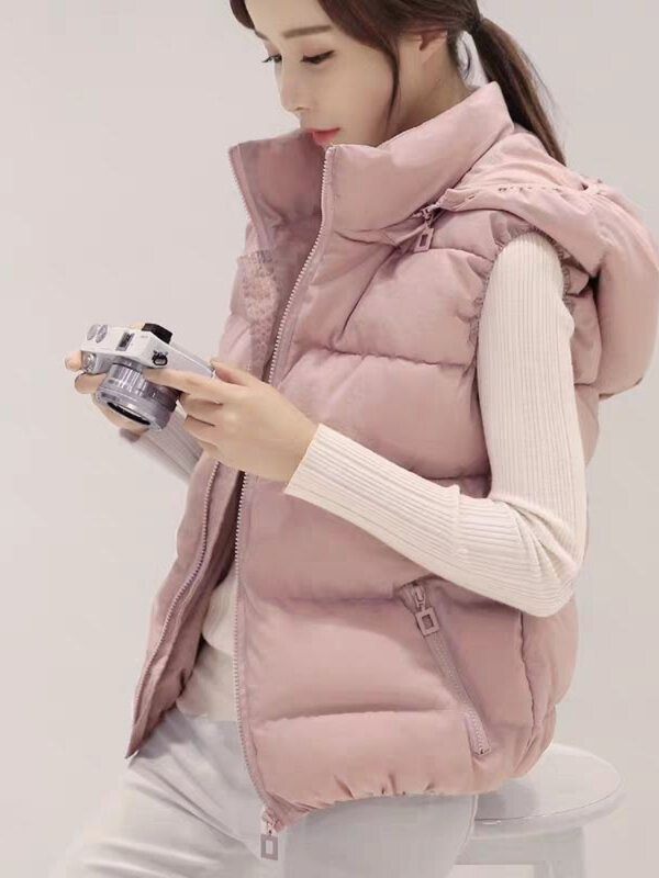 여성용 파카 조끼 코트, 한국 솔리드 후드 지퍼 짧은 코트, 스탠드 칼라 슬림핏 정사이즈, 따뜻한 두꺼운 민소매 겨울