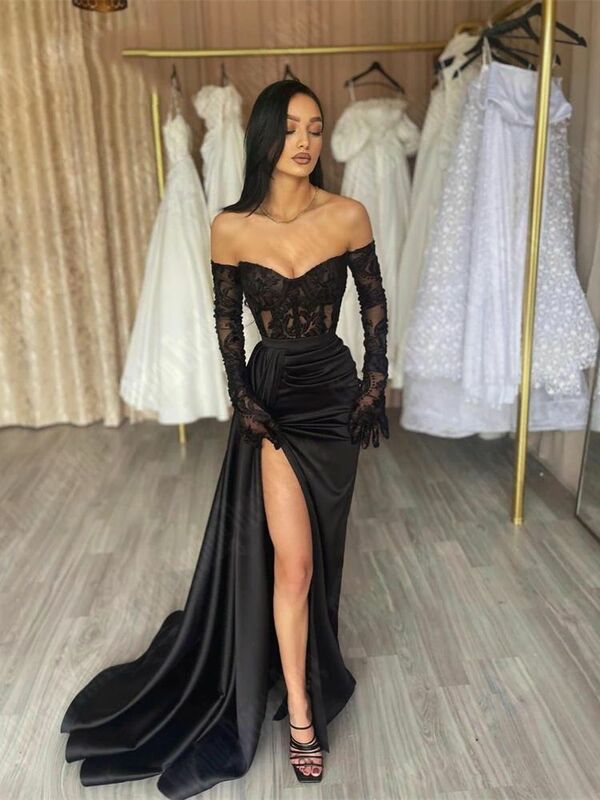Gaun malam putri duyung Satin hitam bahu terbuka tanpa sarung tangan gaun Prom panjang lantai belah tinggi Dubai mengkilap menarik jubah wanita