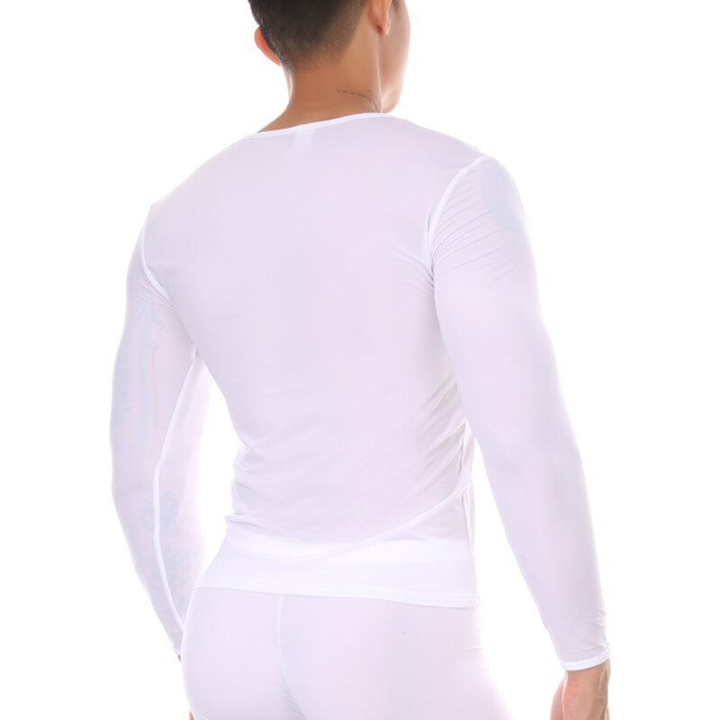 Seksowne męska bielizna termoaktywna topy z okrągłym dekoltem długi t-Shirt miękki Slim długa koszula cienki obcisły bielizna przewiewna jesienna piżama