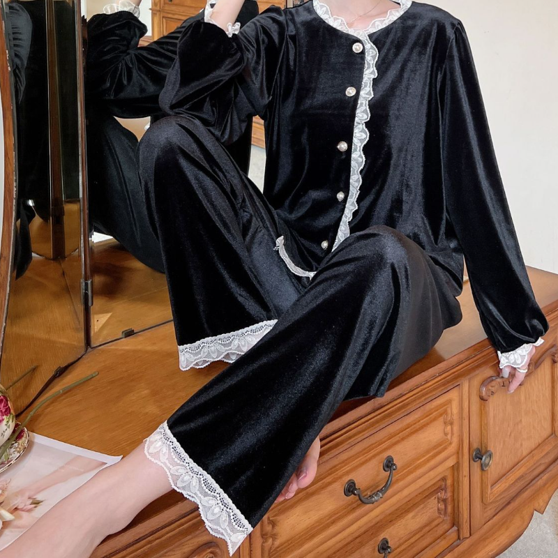 Осенняя велюровая Пижама для женщин домашняя одежда ночное белье кружевная ночная рубашка в стиле пэчворк с пуговицами и круглым вырезом домашняя одежда