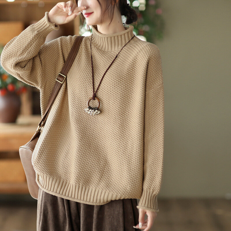 Jesienno-zimowa Retro damski sweter z dzianiny luźna, uniwersalna literacka bluza z elegancka, długa rękawem moda prosta damska dzianina