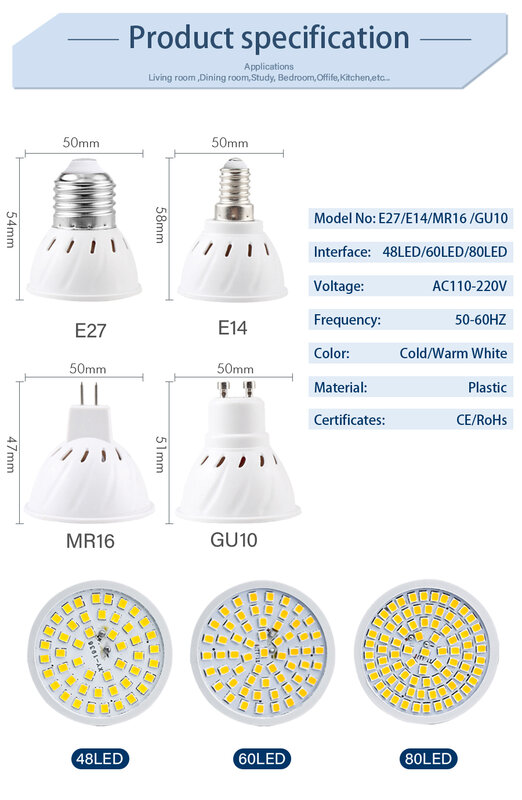 ถ้วยโคมไฟ LED เม็ด2835smd48 60เม็ด80เม็ด Gu10e27mr16e14โคมไฟพลาสติก