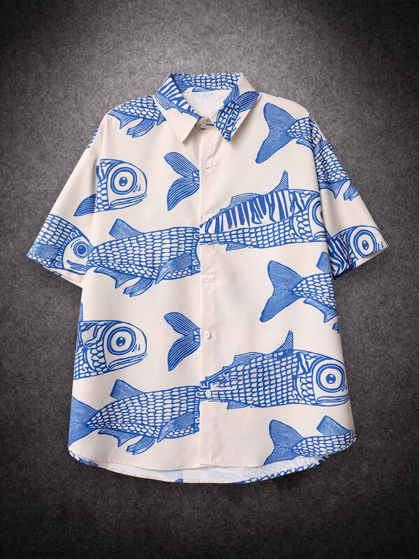 Camisa extragrande personalizada masculina, estilo americano, estampa de peixe pequeno, moda de rua frita, casual verão, novo, 2022