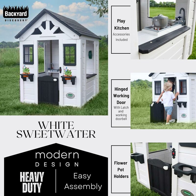 Backyard Discovery Sweetwater All Cedar White Modern Outdoor Wooden Playhouse, Cottage, Sink, Stove, Windows, Kitchen