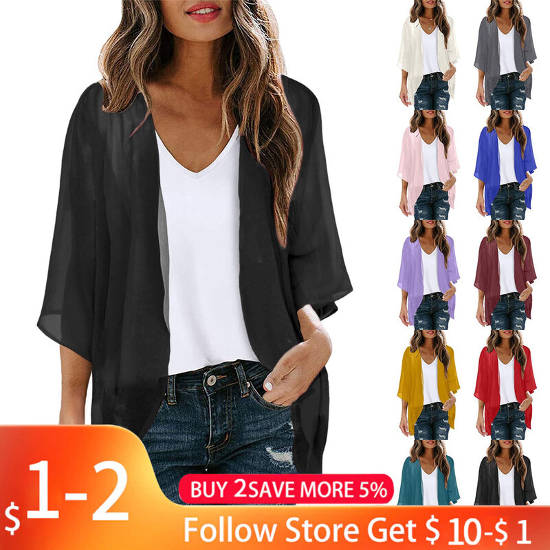 Women'S Solid Elegant Puff Sleeve Chiffon Blouse Cardigan Loose Beach Cover Up Casual Long Sleeve Tops Summer Oversize Thin Tops
