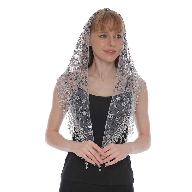 Bufanda de encaje con borlas para mujer, pañuelo triangular transpirable, chales con borlas, turbante transparente para primavera y verano