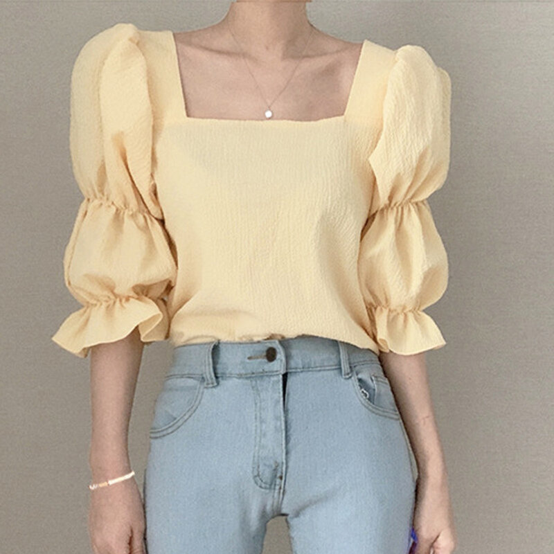 2024 Blouses For Women Solid Sweet Lantern Sleeve Daily Classic Summer All-Match Young Ulzzang Style College Simple Slim Newly