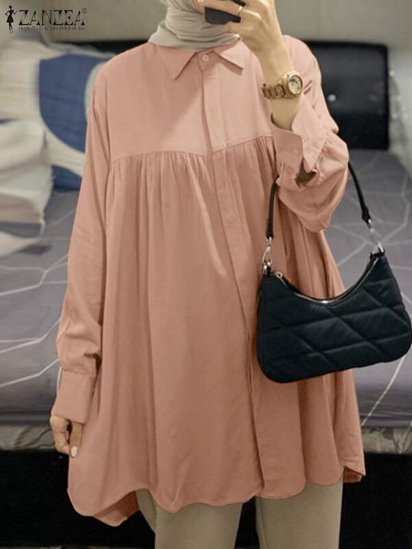 Elegancka damska dekolt z klapami koszula z długim rękawem jesienna bluzka 2023 moda ZANZEA jednolita odzież muzułmański islamski na co dzień topy hidżabu