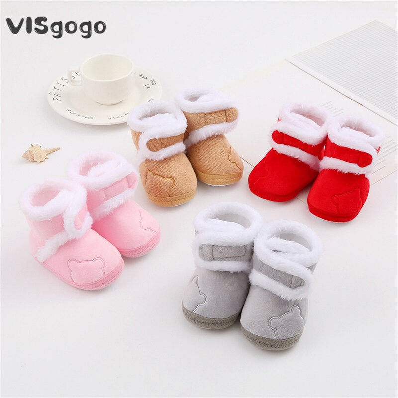 VISgogo Baby Cute Thickened Plush Boots Flat Shoes Infant Girls Boys Non-Slip Soft Sole First Walker Winter Warm Snow Boots