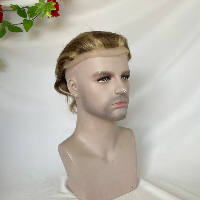 Pełne peruka koronkowa dla mężczyzn ludzkie włosy peruka męska z miękkimi, cienkimi, szwajcarska koronka peruki System wymiany peruk 10x8 4 h27/613