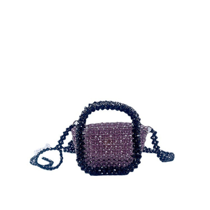 มินิคริลิคสีม่วงกระเป๋าถือลูกปัดฤดูร้อนใหม่ Handmade กระเป๋าลิปสติกขนาดเล็กน่ารัก Flap สแควร์ไหล่ Crossbody กระเป๋า