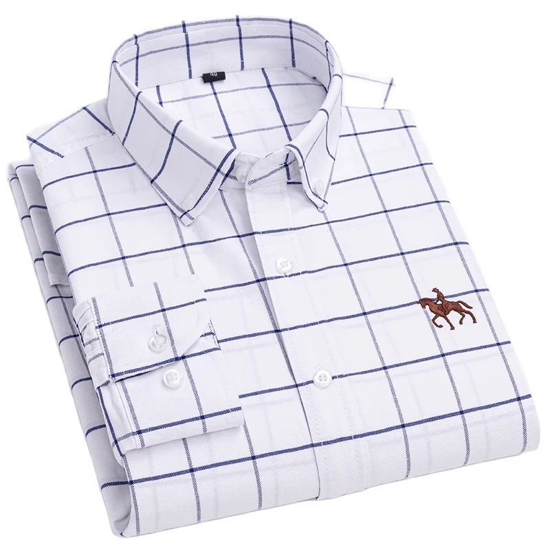 Camisa de manga larga para hombre, 100% algodón, Oxford, ajuste Regular, Blanca, a cuadros, informal, talla grande, 6xl, 5xl