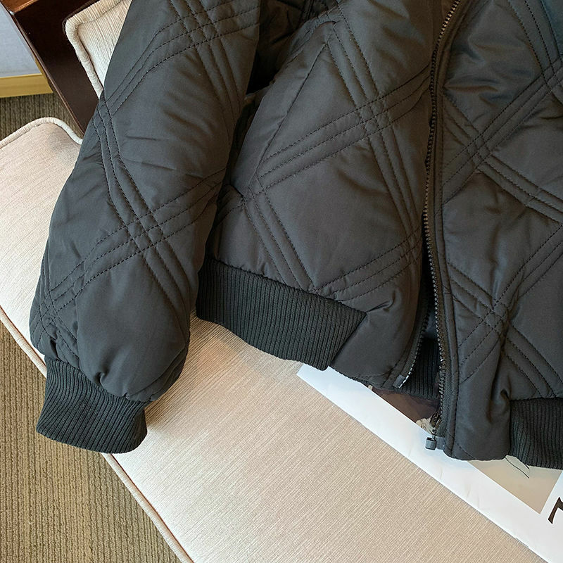 Куртка-пуховик в Корейском стиле с отложным воротником, модная укороченная с узором ромбиками, уличная одежда на молнии, уникальные шикарные парки, Осень-зима