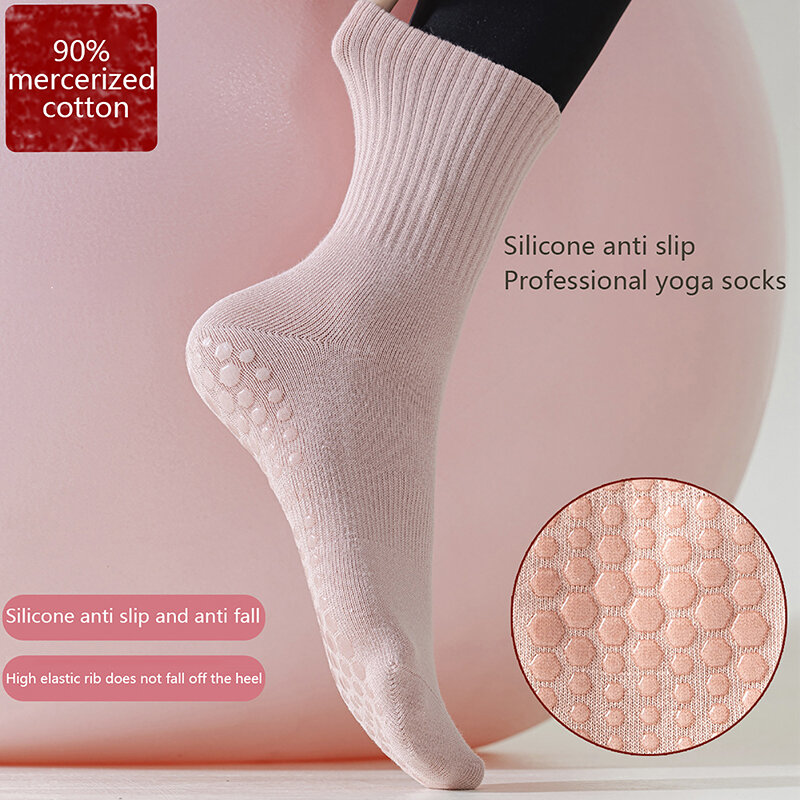 2PCS Cotton Breathable Mid-calf Yoga Socks Solid Color Striped Anti-slip Sports Socks Pilates Socks Dance Fitness Training Socks