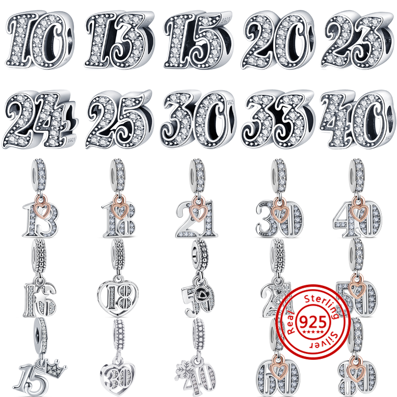 Fit Original Pandora Charm bracciale gioielli fai da te regalo di compleanno 925 Sterling Silver 18th 20th 25th Anniversary Figure Number Beads