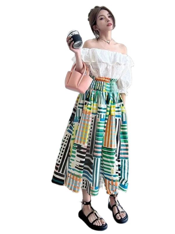 Falda de traje de una pieza para mujer, cuello a rayas, estampado de empalme, suelto, longitud media, ropa informal de moda para mujer, primavera 2024