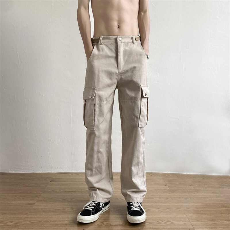 Calça cargosa masculina de nove pontos, calça comprida casual de hip-hop de perna larga e reta americana na rua alta, outono