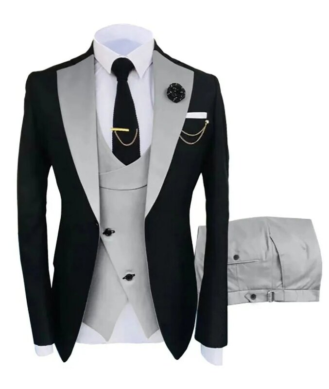 Новый костюм, облегающие мужские костюмы, облегающие деловые костюмы, Черные смокинги для жениха, деловые свадебные костюмы, пиджак, брюки, жилет, 3 предмета