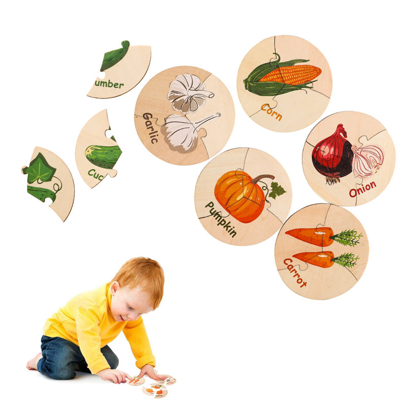 Rompecabezas de cognición para bebé, juguete educativo Montessori para niños pequeños, tarjetas redondas de animales vegetales de madera