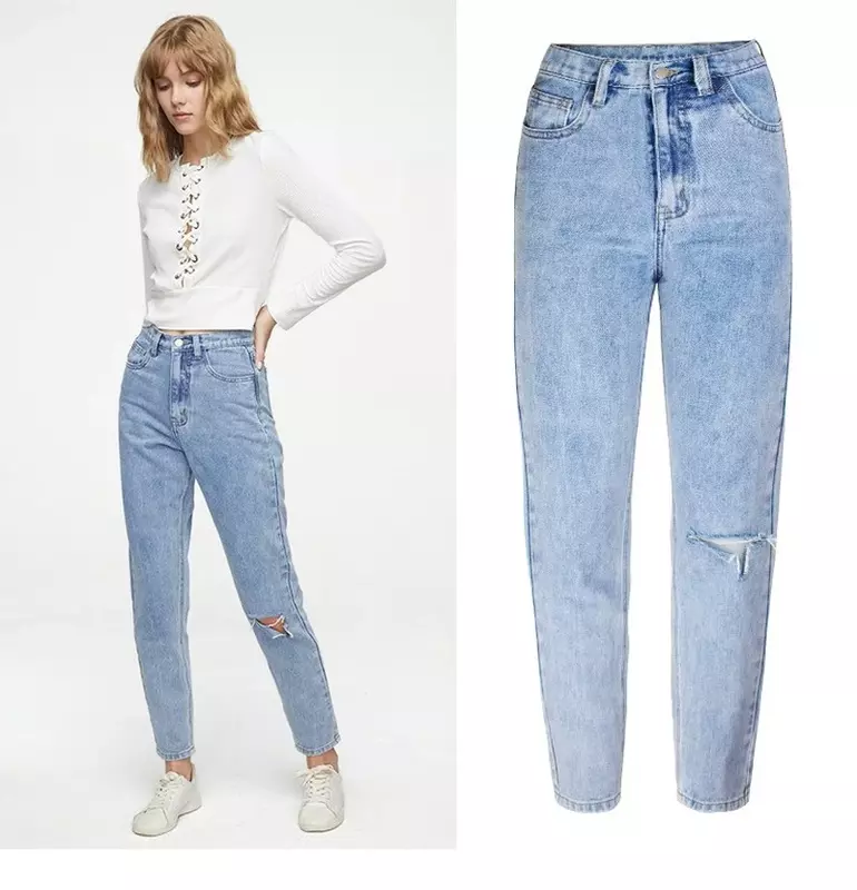 Jeans de cintura alta azul claro para mulheres, botão de lavagem, calça reta, branqueada, calça rasgada, clássica, solta, casual, jeans, estilo namorado