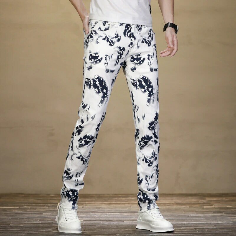Jean blanc imprimé personnalisé pour hommes, pantalon slim, pieds ajustés, beau style de rue, tendance, décontracté, mode, nouveau, 2021