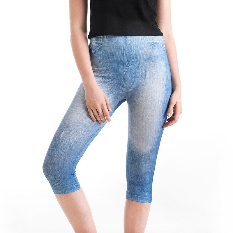 Leggings curtas estampa estiramento para mulheres, jeans falsos, calções, jeggings de cintura alta, plus size, verão, novo