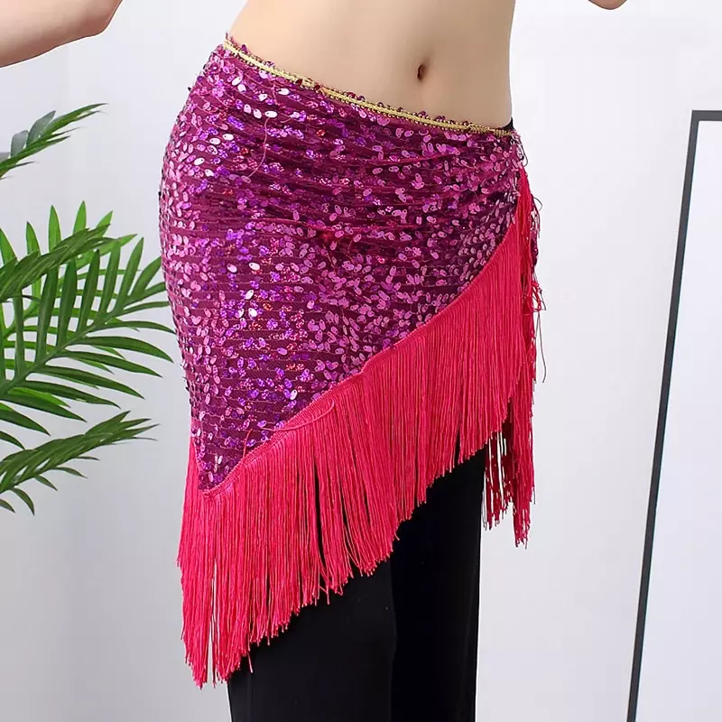 ผ้าสามเหลี่ยมปักเลื่อมมีพู่ห้อยผ้าขนหนูสะโพกสำหรับเต้นระบำหน้าท้องชุดฝึกเต้นสุดเซ็กซี่ใหม่