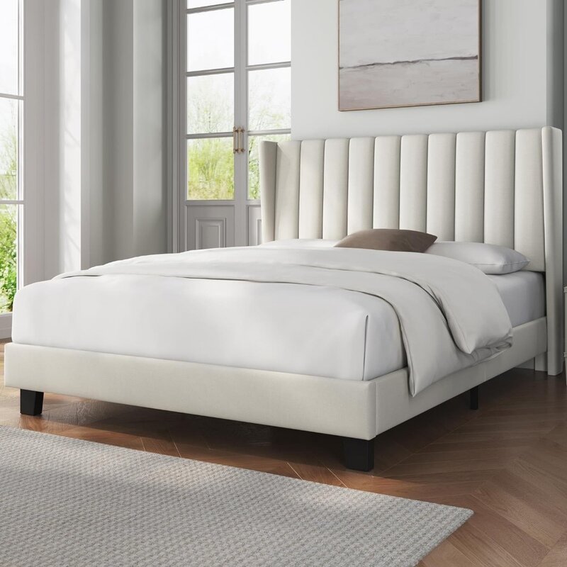 กรอบเตียงคิงไซส์หุ้มด้วยแพลตฟอร์มเตียงพร้อมหัวเตียงผ้าการออกแบบขอบปีก/กันลื่นและไร้เสียงรบกวน/แผ่นไม้รองรับ