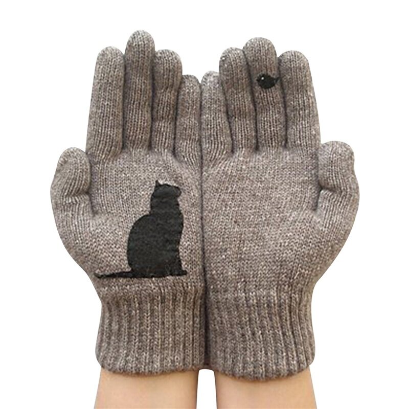 男性と女性のための冬の手袋,素敵な猫と鳥のプリント,防風,暖かいミトン,柔らかい
