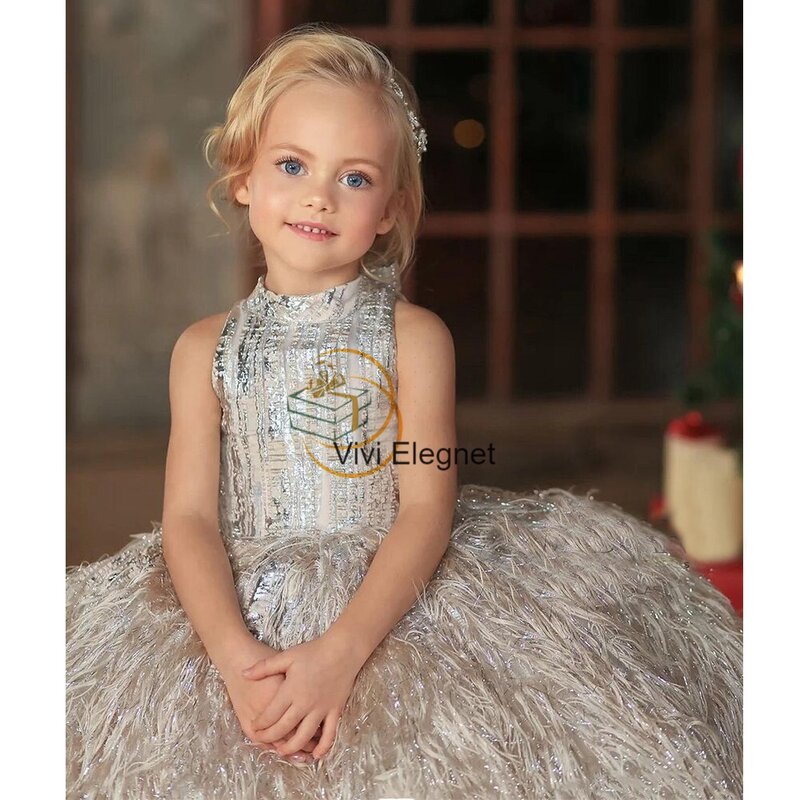 Tiered Champagne Flower Girl Dresses with Sequined Feather 2023 Summer New Sleeveless Wedding Party Gowns for Baby فساتين اطفال