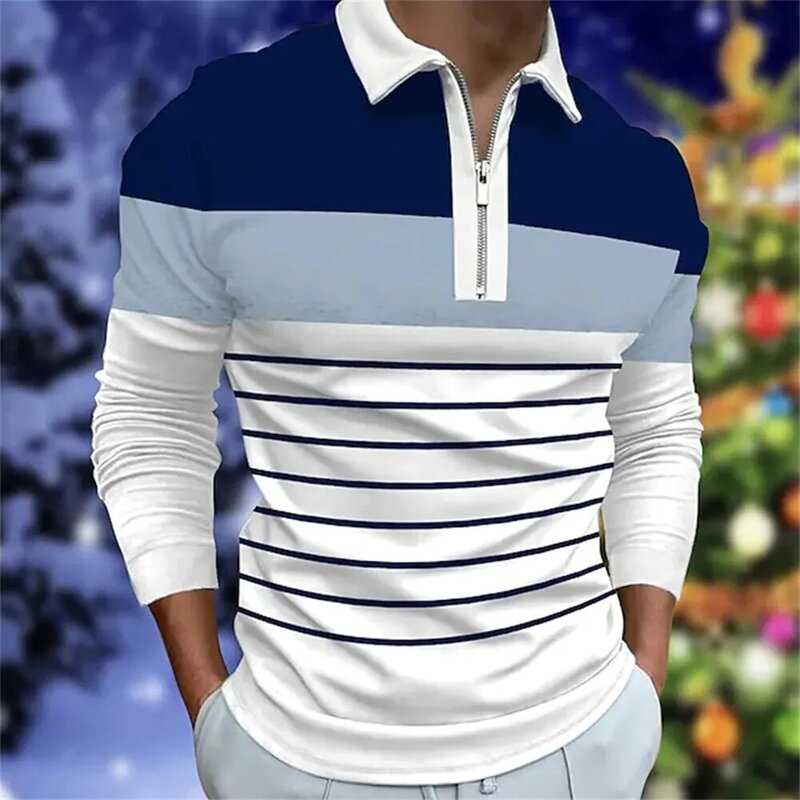 Camisa polo listrada clássica masculina, manga longa, blusa casual de trabalho, tamanho grande, S-5XL, nova, primavera e outono, 2023