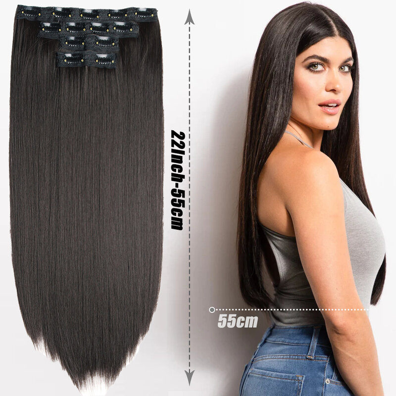 Longo reto clip-in hairpiece, extensões de cabelo sintético, preto, marrom escuro, cor mista, fibra resistente ao calor, 22 ", 4pcs, conjunto