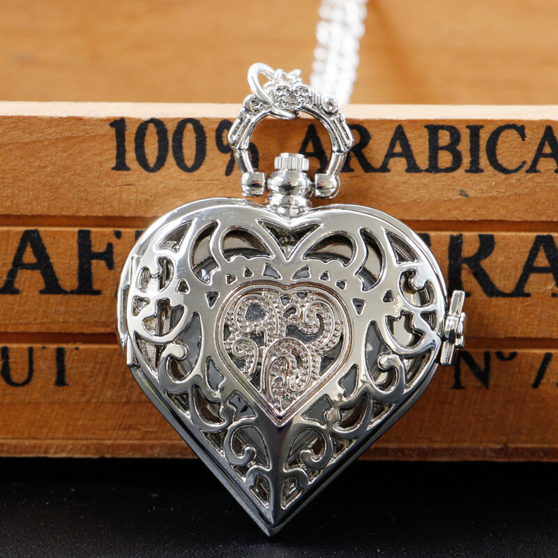 Silver Hollow Heart-shaped Pocket Watch Necklace Exquisite Quartz Pendant Chain Clock Women Girl Friend Lover's Gift