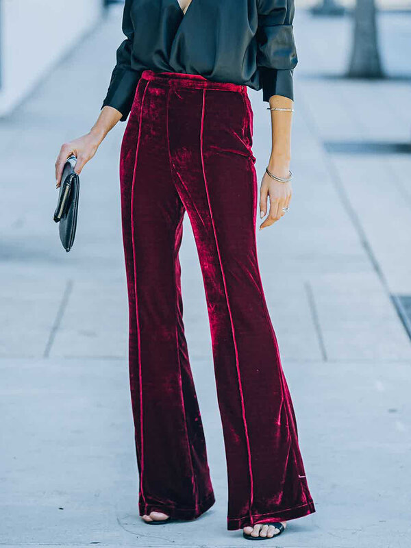 Женские Бархатные расклешенные брюки, однотонные повседневные эластичные брюки с высокой талией, уличная одежда