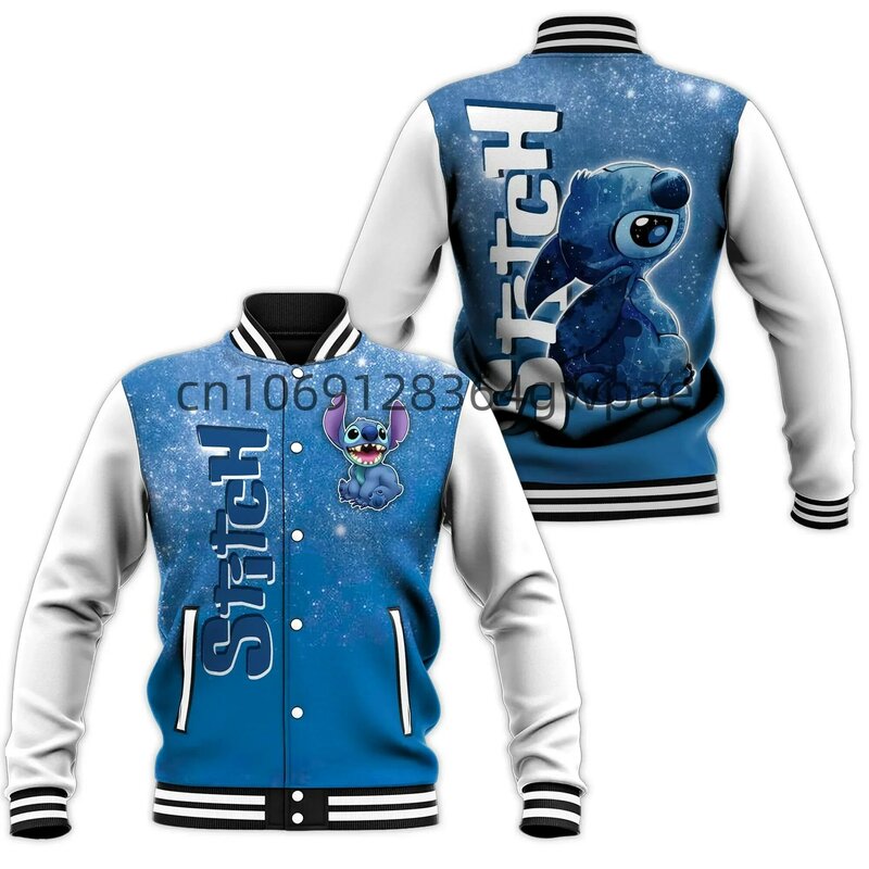 Custom Name Disney Stitch Baseball Jacket Men's Women's Casual Sweatshirt Hip Hop Harajuku Jacket Streetwear Loose Varsity Coat