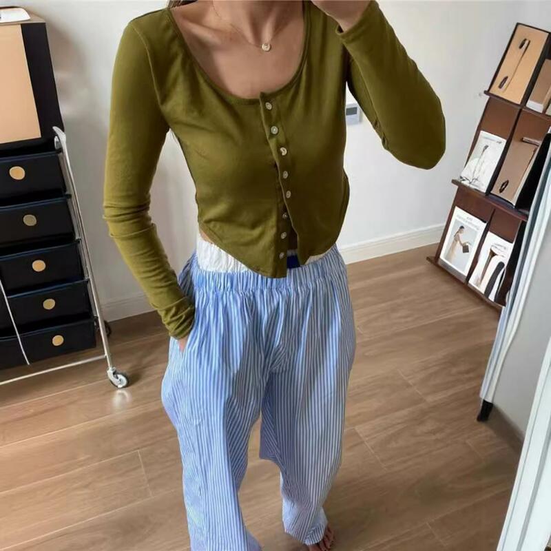 Work Leisure Pants Stylish Vertical Stripe High Waist Wide Leg Pants with Pockets for Women Summer Work Leisure Trousers Long