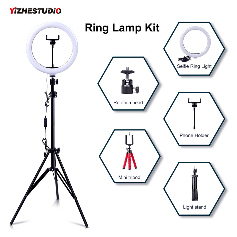 Yizhestudio-Lámpara de anillo con trípode, anillo de luz regulable con soporte, tubo anular de color, iluminación fotográfica para estudio en vivo