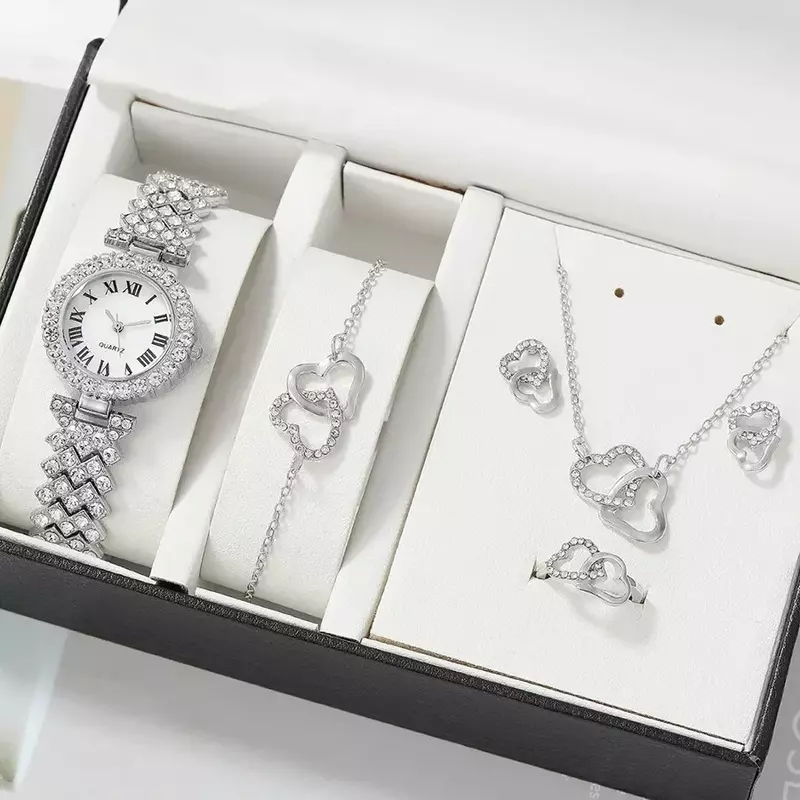 นาฬิกาหรูหราทองคำสีกุหลาบชุด2/6ชิ้นต่างหูสร้อยคอต่างหูพลอยเทียม Fashion Jam Tangan นาฬิกาสร้อยข้อมือผู้หญิงลำลอง