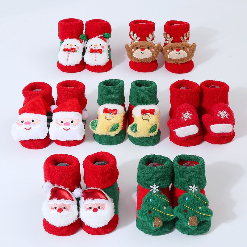Calcetín de invierno para bebé, calcetín grueso y cálido con dibujos animados de alce, árbol de Navidad, rojo, suelo antideslizante, Terry, regalo de Navidad