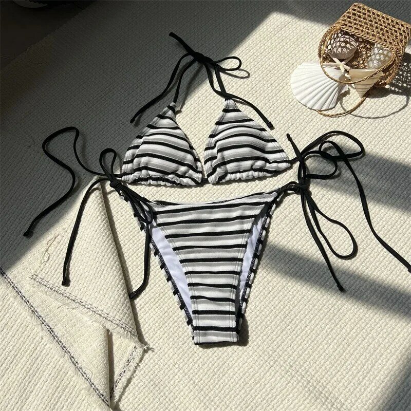 2 Piece Women's Bikini Underwear+Top Summer Stripe Party Beach Holiday Sexy Casual Daily Hot Girl Streetwear Lace Up Robes