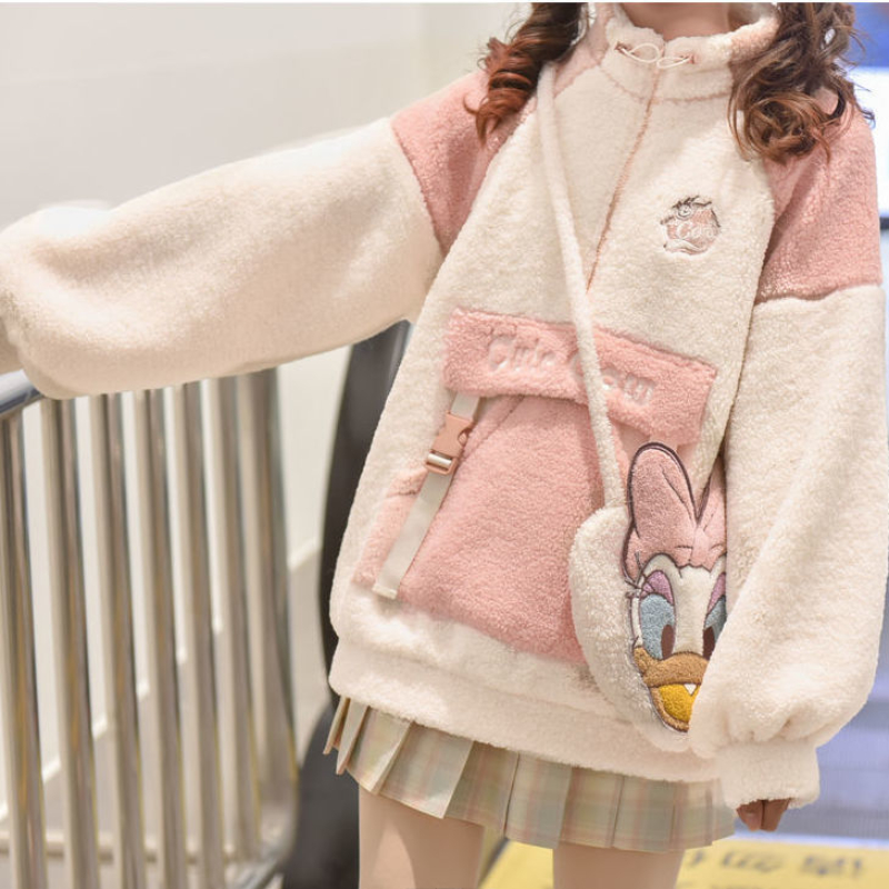 Japonês imitação de cordeiro cashmere hoodie meninas casual doce kawaii camisola com capuz com velo espessamento 2022 roupas de inverno das mulheres