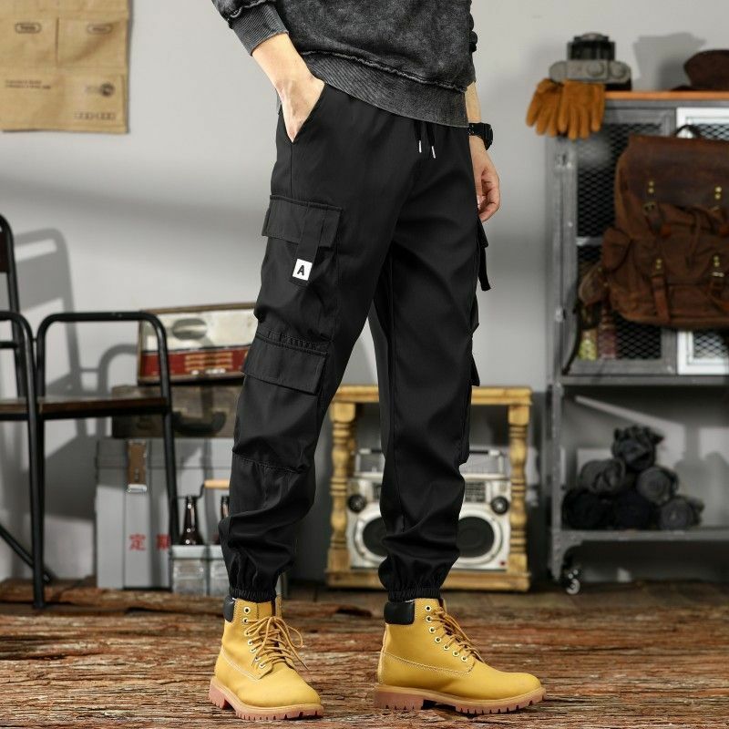 Summer New Men's Trousers Patchwork Pockets Elastic Drawstring High Street Embroidery LetterTrendy Loose Straight Cargo Pants