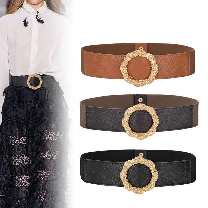 Female Cowhide Elastic Belt High Quality Metal Buckle Waist Belts  for Women Cinch Waistband Dress Coat Clothing Accessories