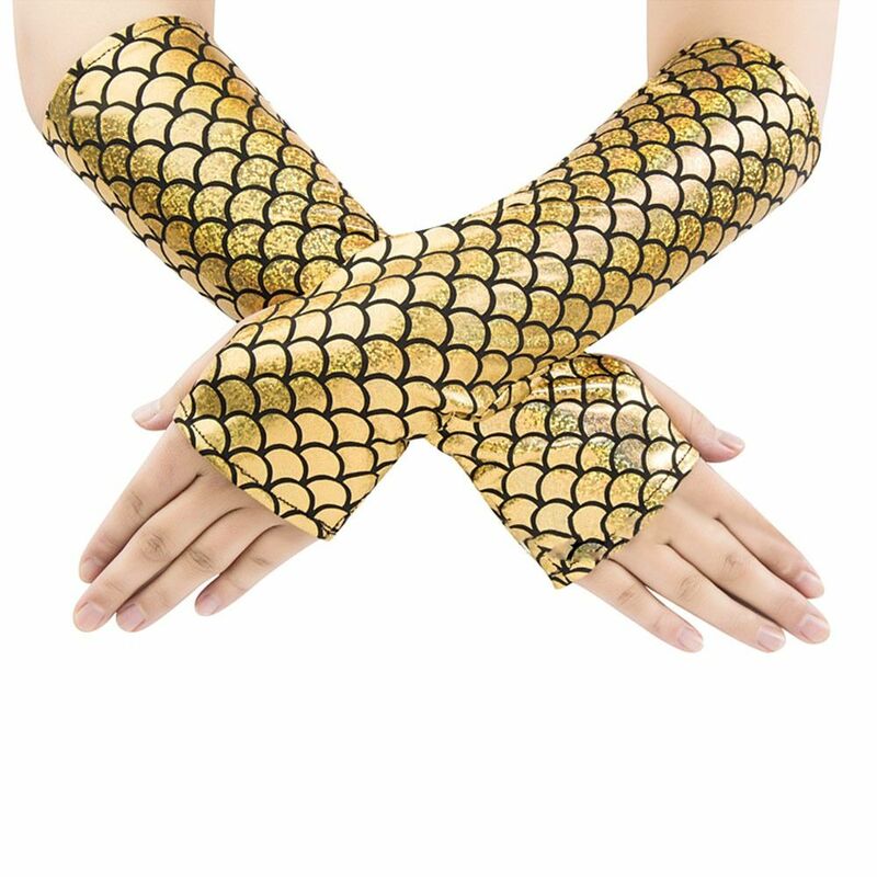 Sarung tangan Cosplay panjang warna-warni Fashion, sarung tangan jari tanpa jari skala ikan, sarung tangan performa